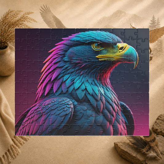 Eagle's Fortitude - Neon Eagle Portrait Puzzle with Teal and Pink-Purple Feathers on Dark Gradient