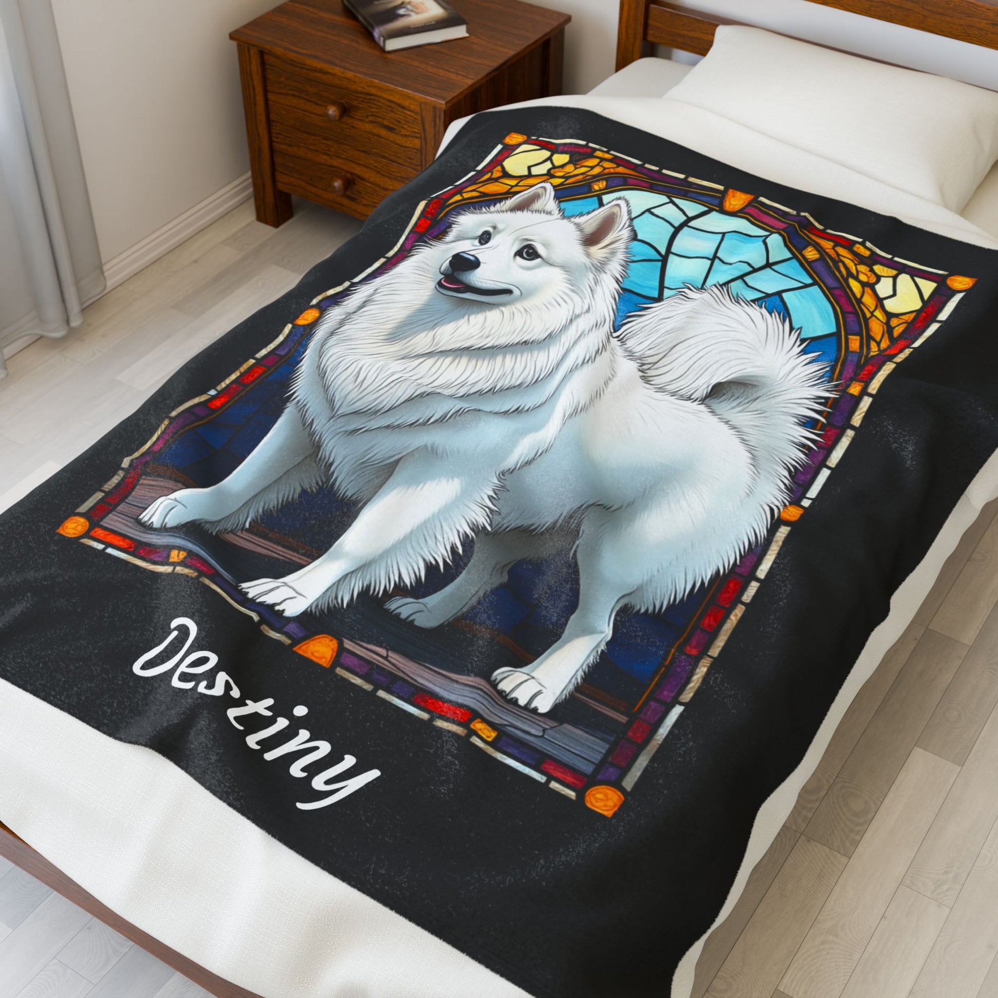 American Eskimo velveteen blanket, custom stained glass dog throw, personalized pet lover gift - MySisterIsASurvivor