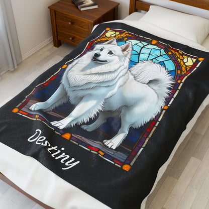 American Eskimo velveteen blanket, custom stained glass dog throw, personalized pet lover gift - MySisterIsASurvivor