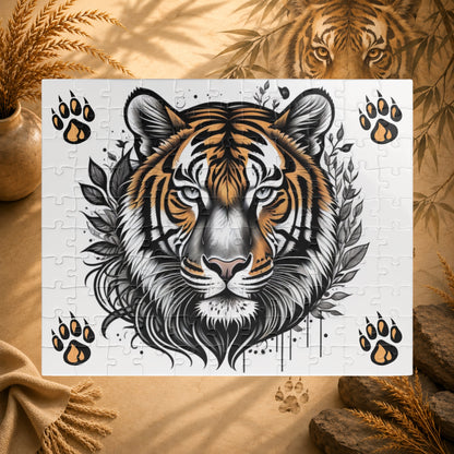 Jigsaw puzzle with a tiger design on a white background