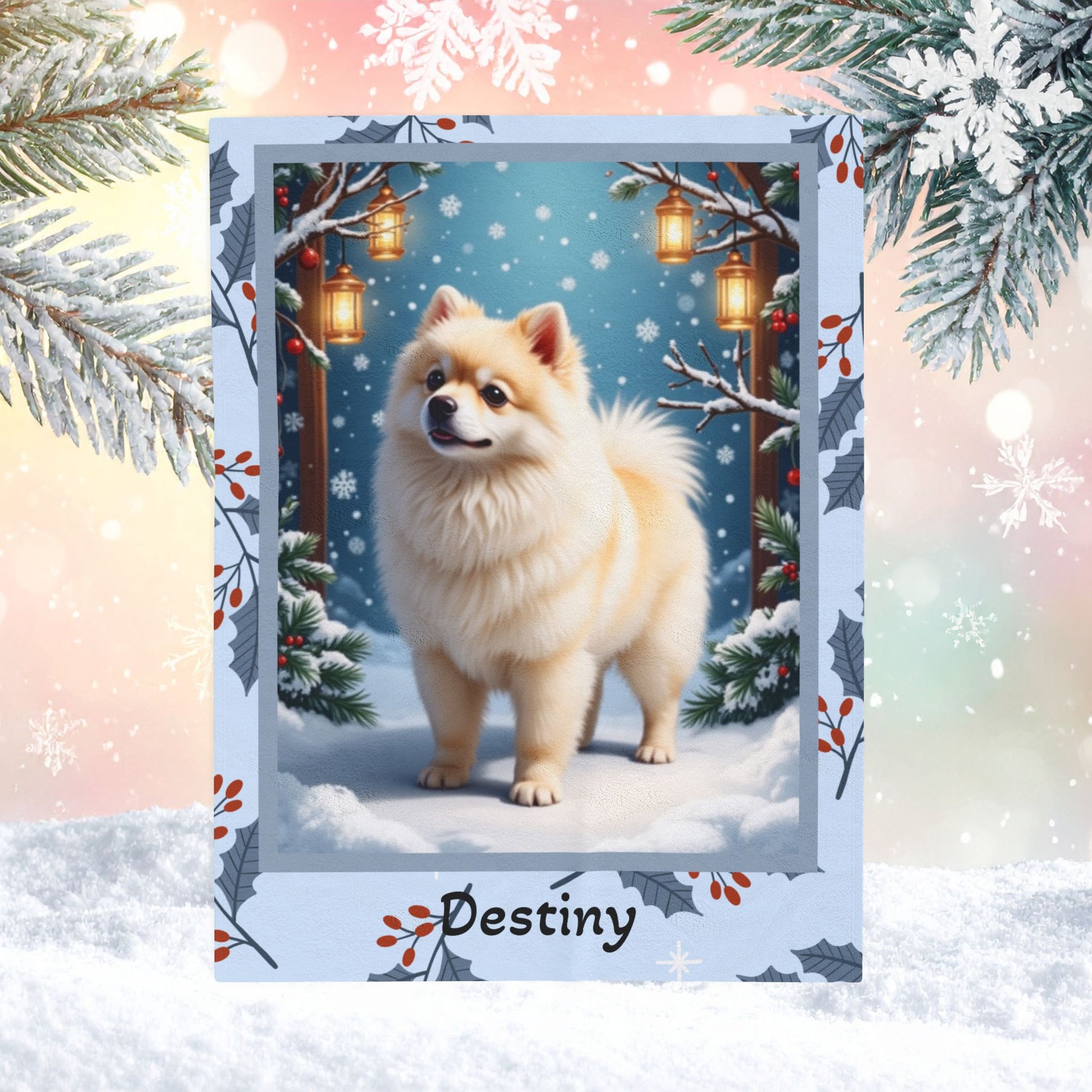 Pomeranian White and Cream personalized winter throw featuring a fluffy Pom in a glowing lodge winter scene