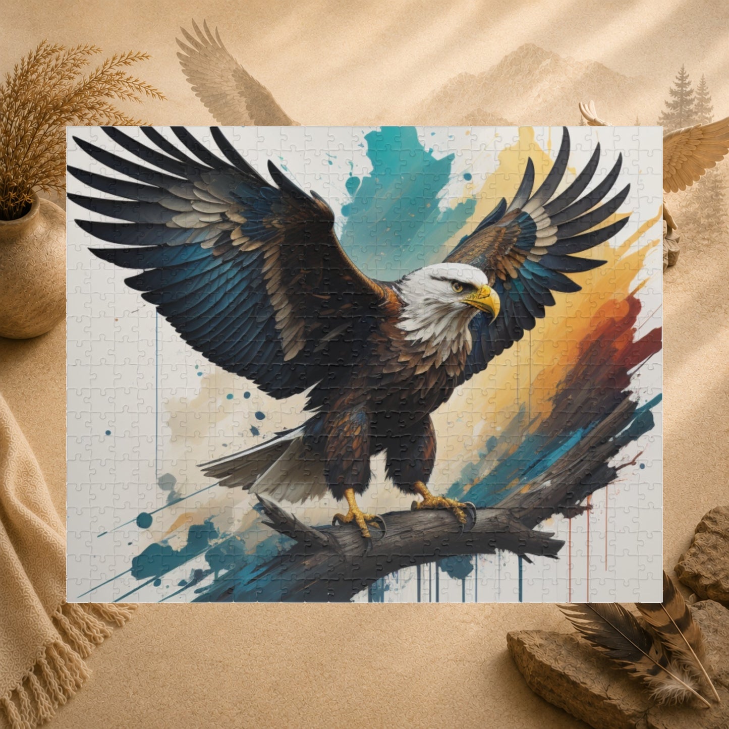 Inspirational Eagle Flight - Full-Body Bald Eagle Puzzle with Wings Spread on Watercolor Splash Background