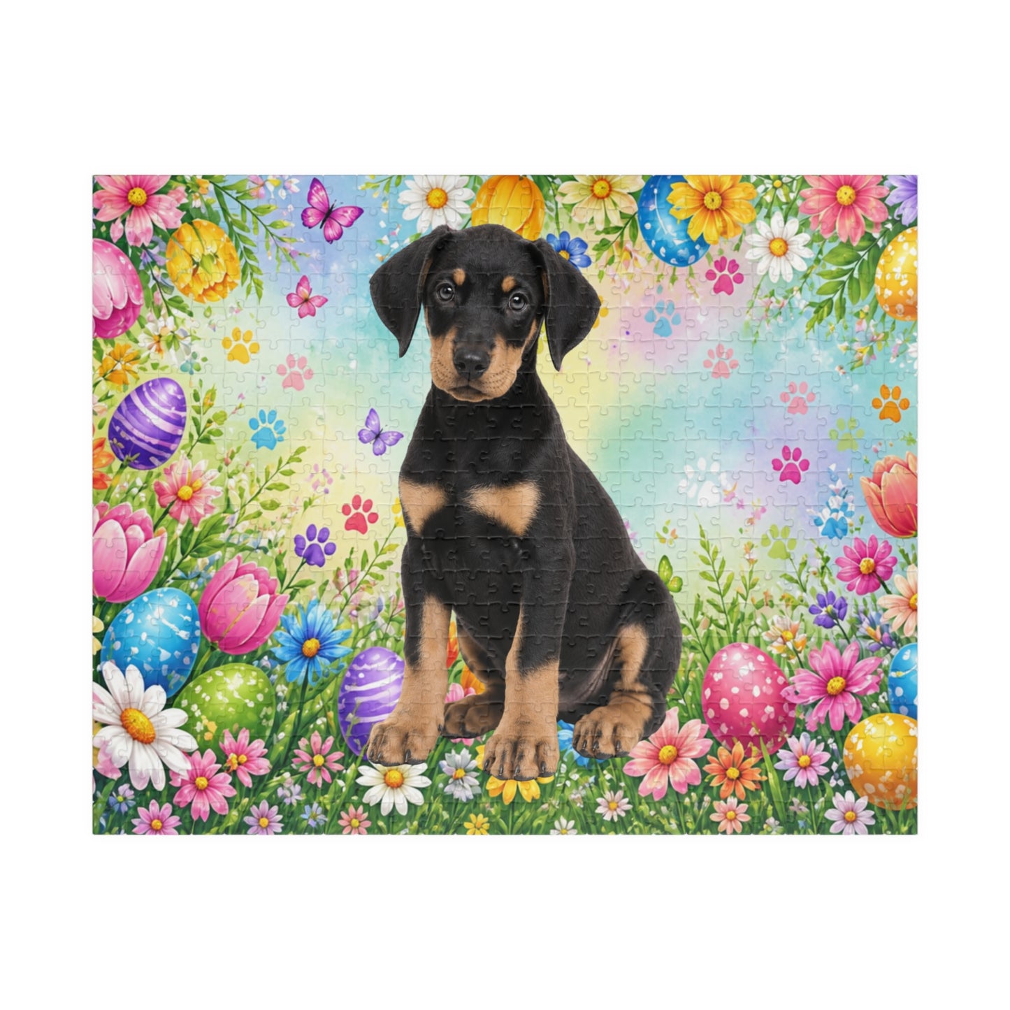 Doberman (Black & Tan) Easter Puppy Puzzle - Spring Garden with Eggs, Tulips, and Daisies