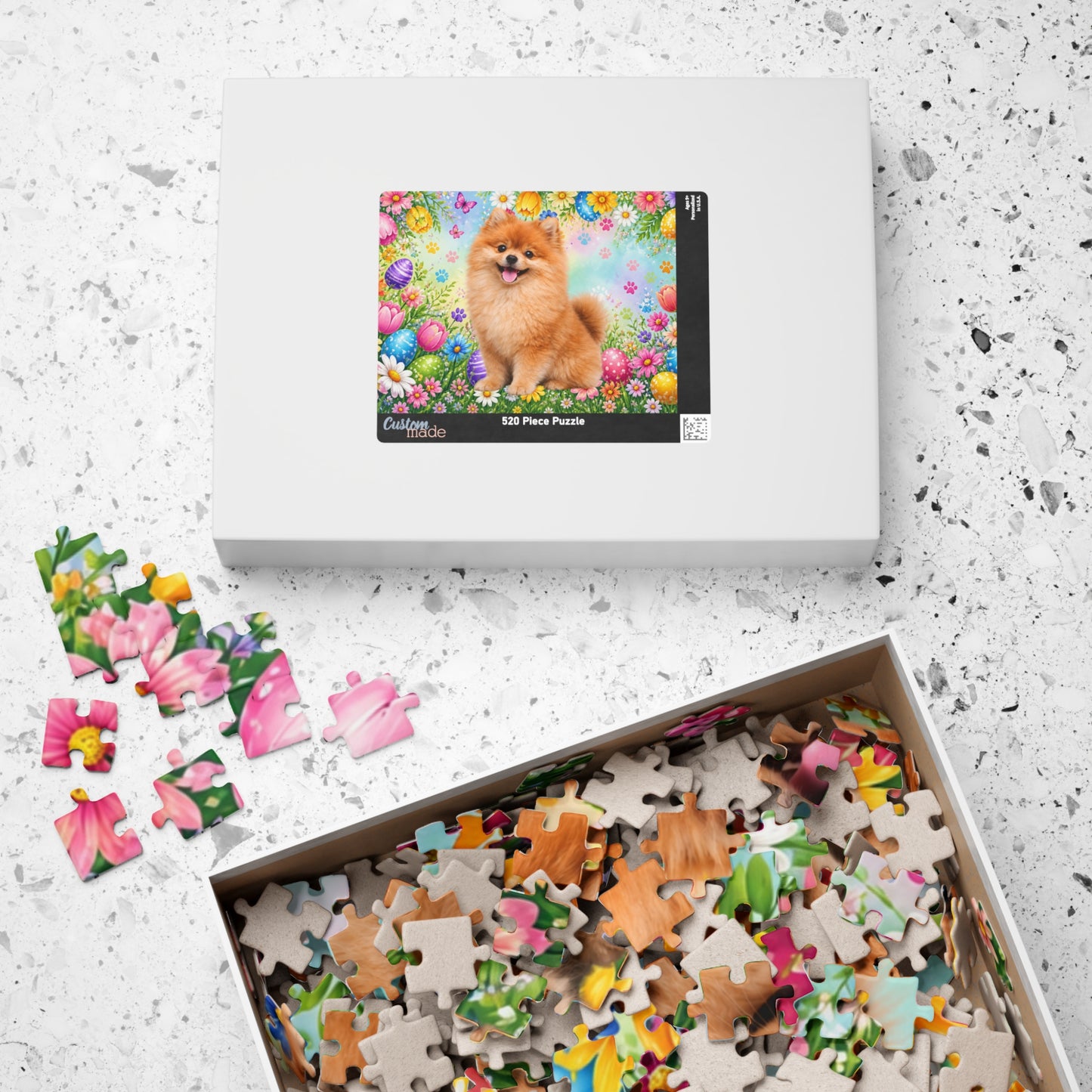 Pomeranian (Orange Sable) Easter Puppy Puzzle - Spring Garden with Eggs, Tulips, and Daisies