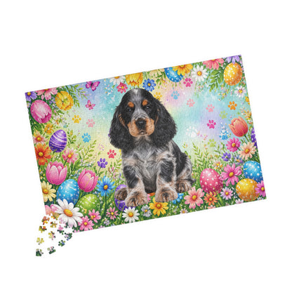 American Cocker Spaniel (Blue Roan) Easter Puppy Puzzle - Spring Garden with Eggs, Tulips, and Daisies