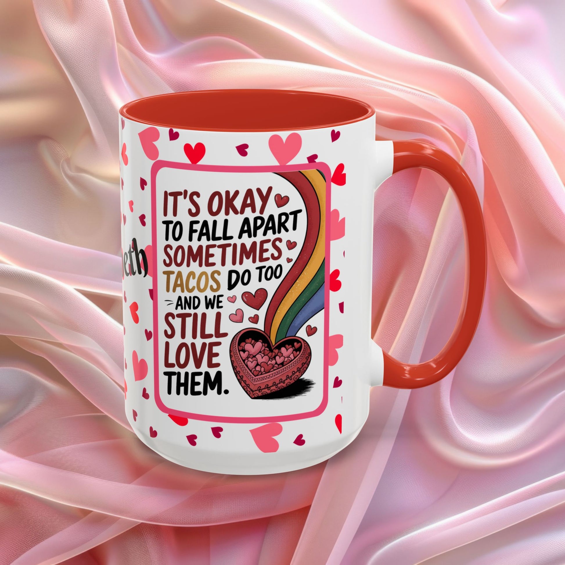 Its Okay To Fall Apart Valentines mug with gentle encouragement, supportive Valentine affirmation coffee cup