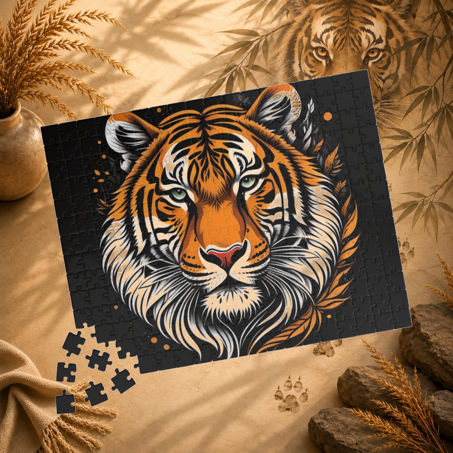 Bold Resilience - Fierce Bengal Tiger Portrait Jigsaw Puzzle in Dramatic Dark Illustration Style