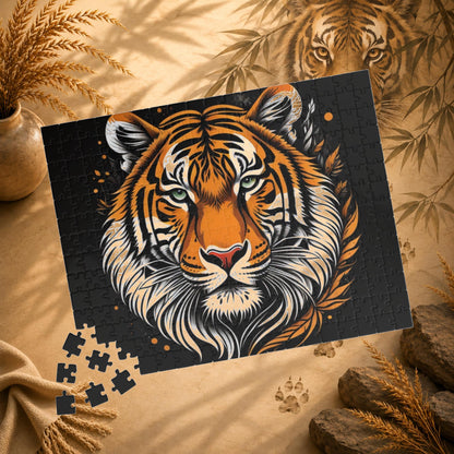 Bold Resilience - Fierce Bengal Tiger Portrait Jigsaw Puzzle in Dramatic Dark Illustration Style
