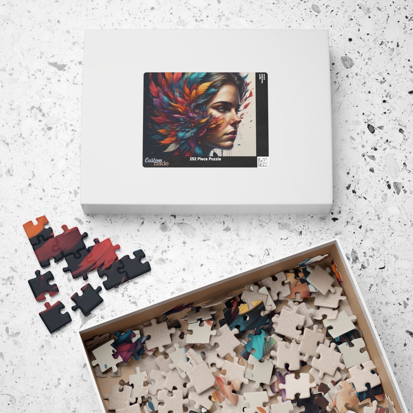 Resilience Palette - Woman's Portrait Puzzle with Colorful Feathers Exploding from Dark Background