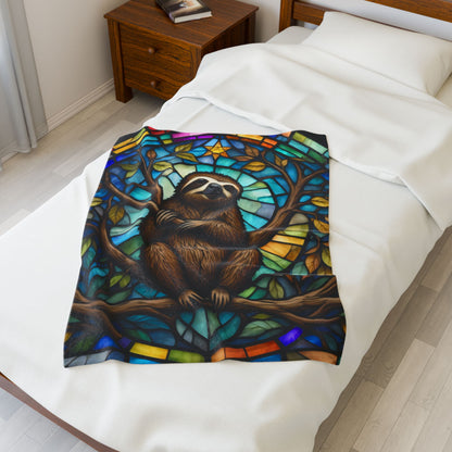 A relaxing sloth blanket with stained glass-inspired design for mindfulness and calm comfort.