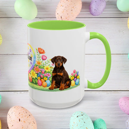 Shop our doberman red rust puppy easter mug featuring the 15oz style option from MySisterIsASurvivor.