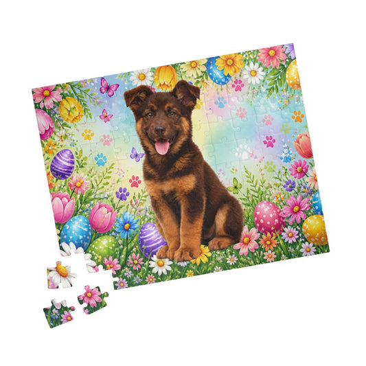German Shepherd (Liver) Easter Puppy Puzzle - Spring Garden with Eggs and Wildflowers