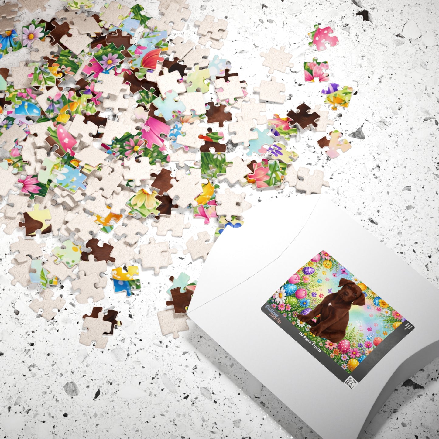 Great Dane (Chocolate) Easter Puppy Puzzle - Spring Garden with Eggs, Tulips, and Daisies