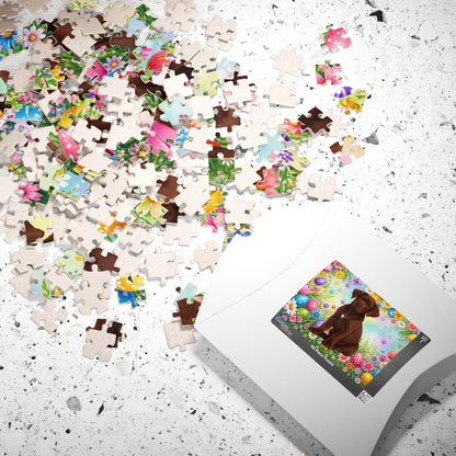 Great Dane (Chocolate) Easter Puppy Puzzle - Spring Garden with Eggs, Tulips, and Daisies