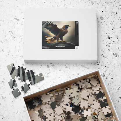 Sky Majesty Triumph - Cinematic Eagle Puzzle with One Wing Raised on Atmospheric Grey Background