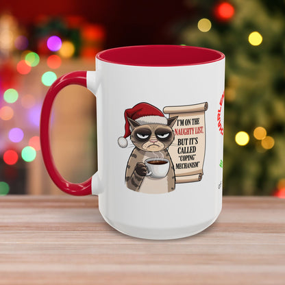 I'm On The Naughty List, But It's Called 'Coping Mechanism' - Christmas Mug with Cat Design and Accent Color