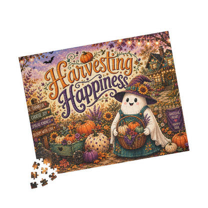 Harvesting Happiness Halloween Puzzle - Witch Ghost with Harvest Basket, Sunflowers, and Pumpkins
