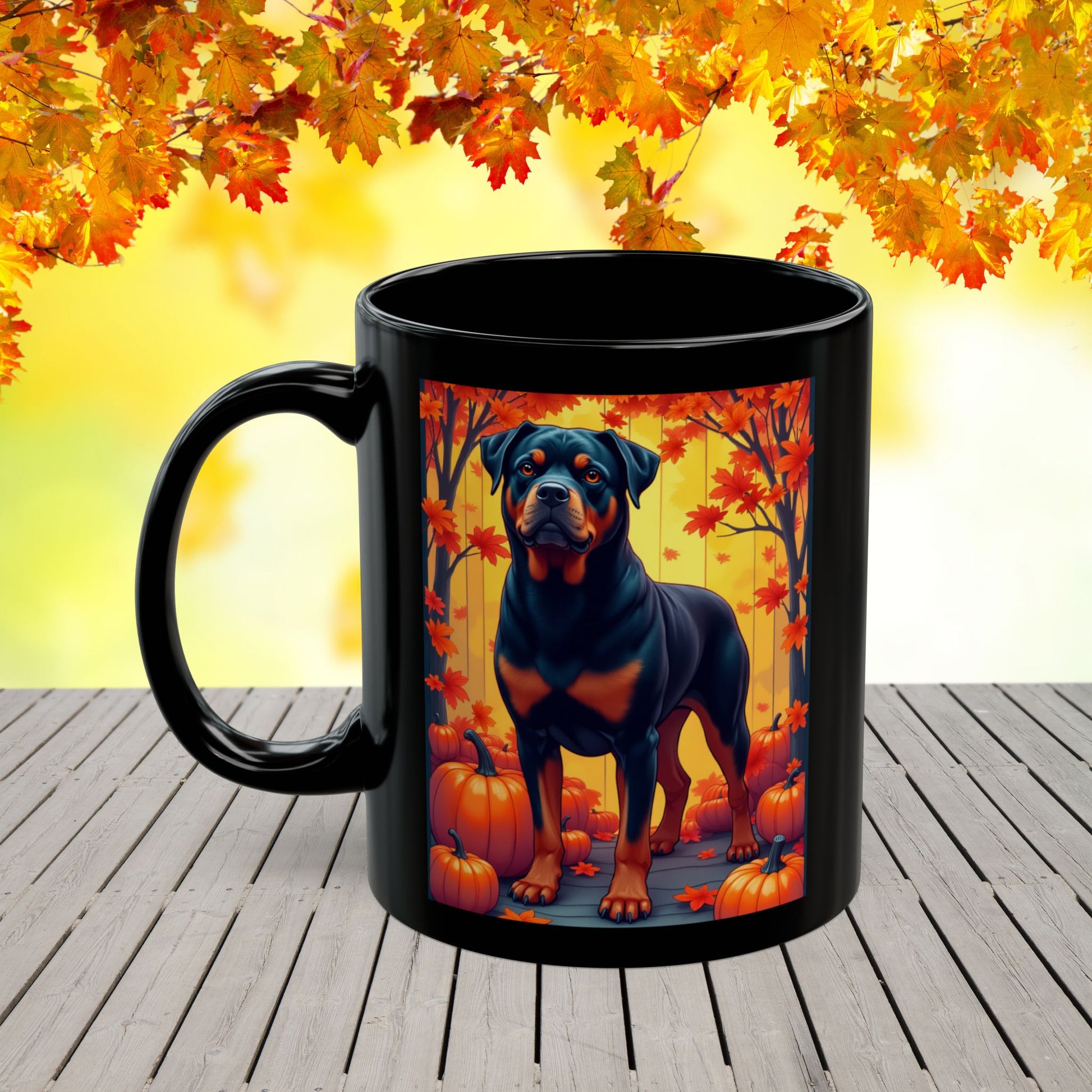 Black and mahogany Rottweiler dog in autumn leaves on a custom ceramic coffee mug.