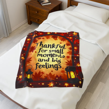Cozy fall blanket with “Thankful for Small Moments and Big Feelings,” mindfulness-inspired design.