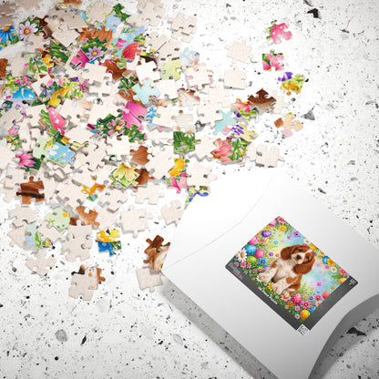 American Cocker Spaniel (Red & White) Easter Puppy Puzzle - Spring Garden with Eggs, Tulips, and Daisies