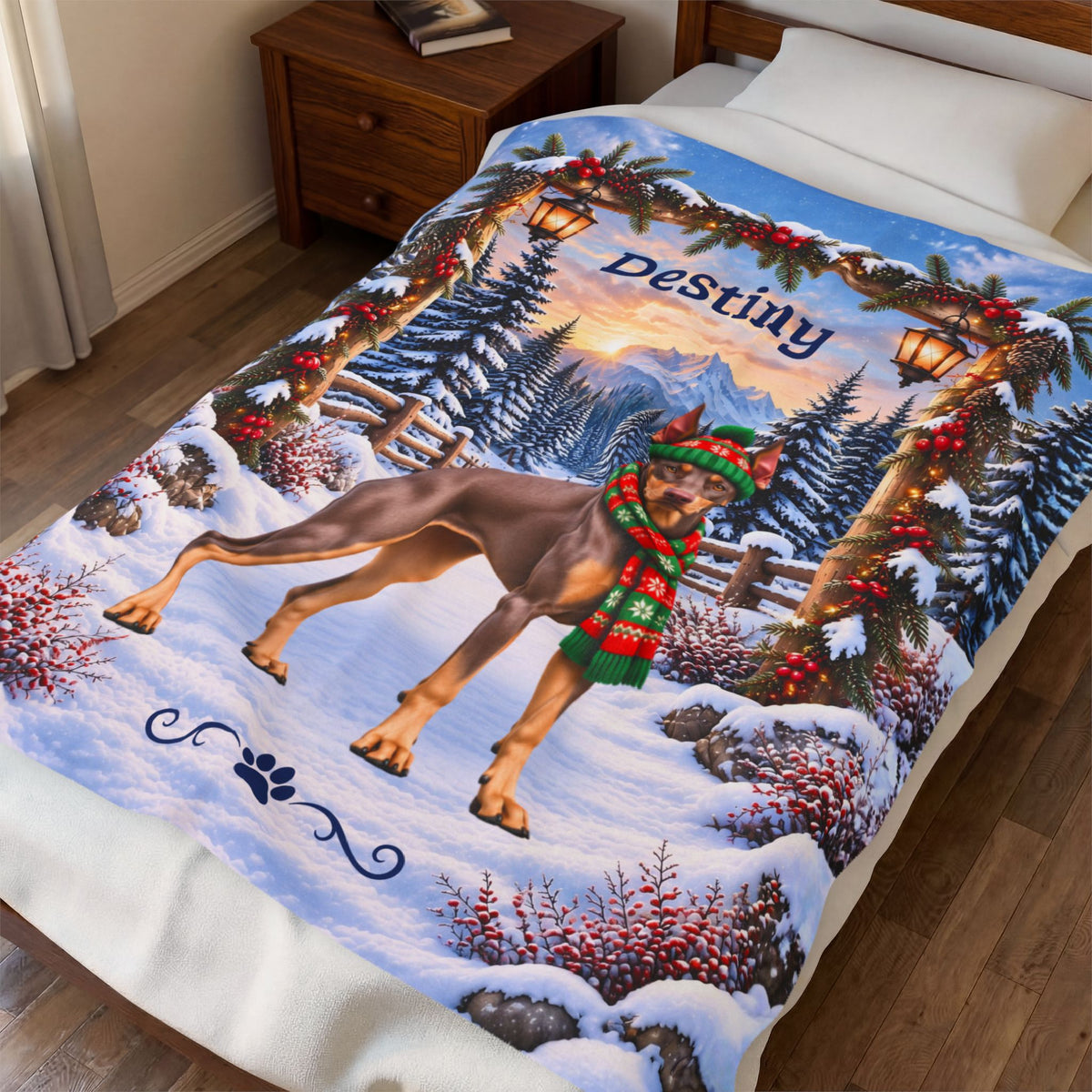 Doberman (Red Fawn Coat) - Personalized Winter Blanket, Snowy Woodland Velveteen Throw