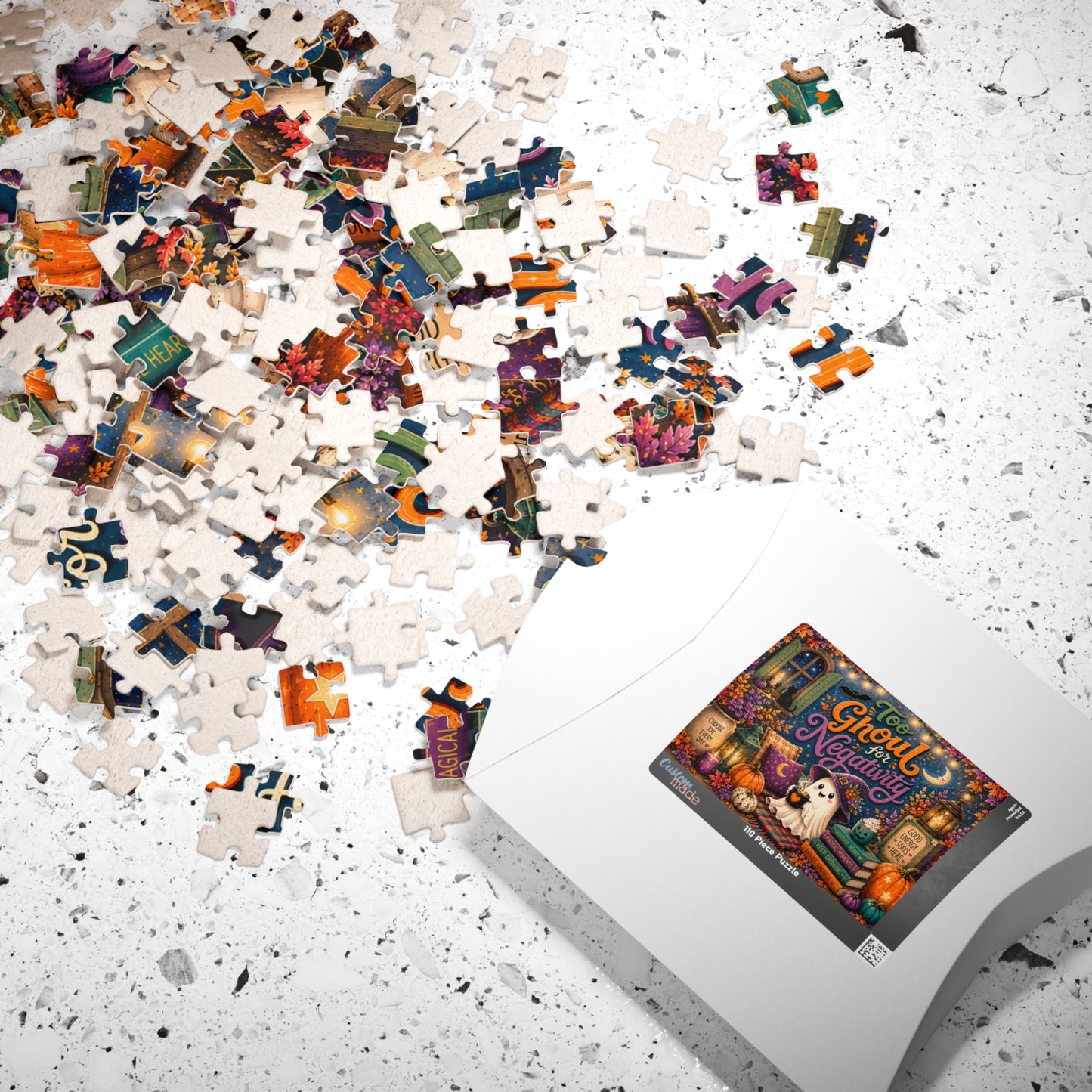 Too Ghoul for Negativity Halloween Puzzle - Ghost with Cauldron Mug, Good Energy Stays Here Sign, and Gratitude Books