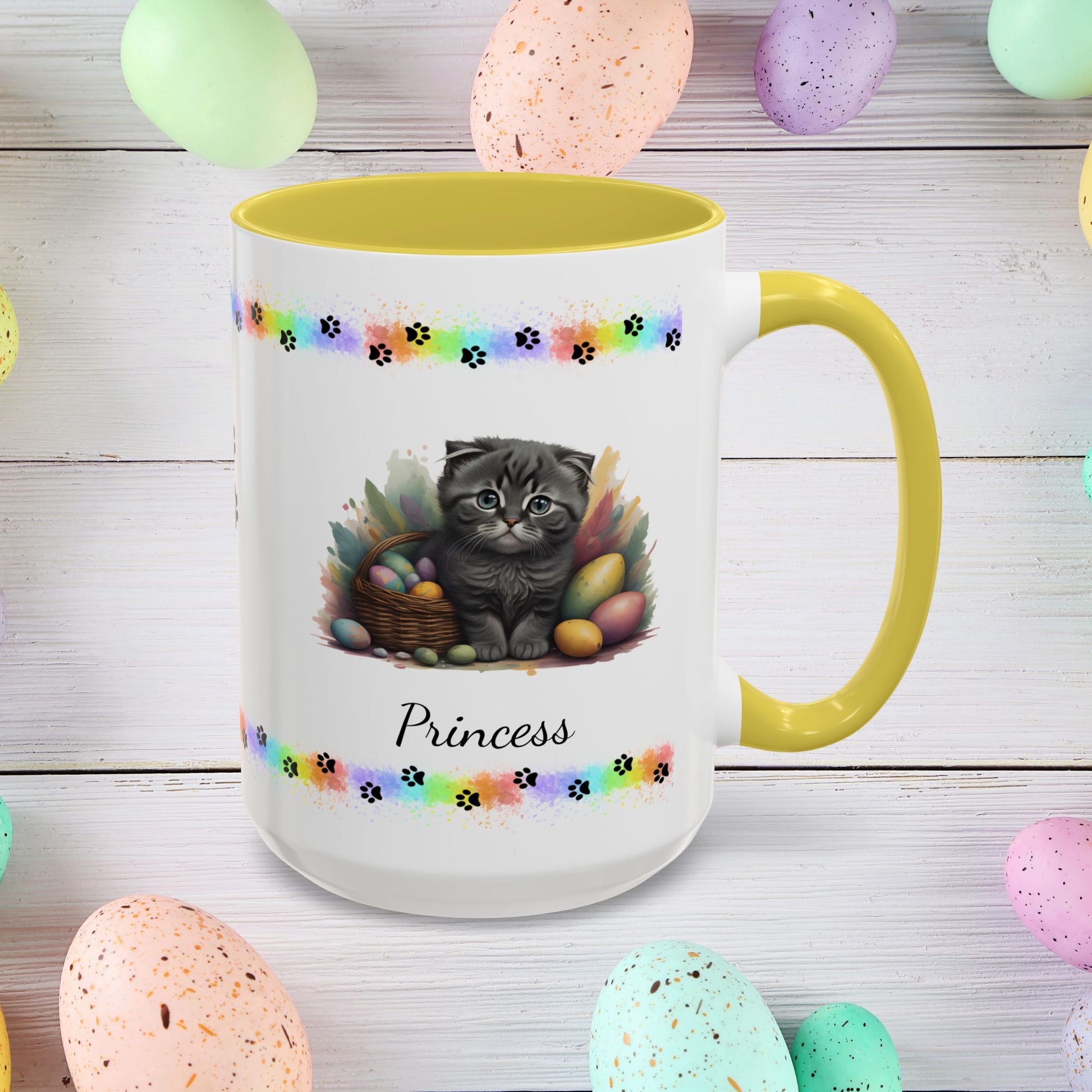 Scottish Fold: Personalized Easter Kitten Coffee Mug - Adorable Cat Design, Mental Health Gift, 11oz & 15oz, 12 Color Choices, Easter Gifts & Décor
