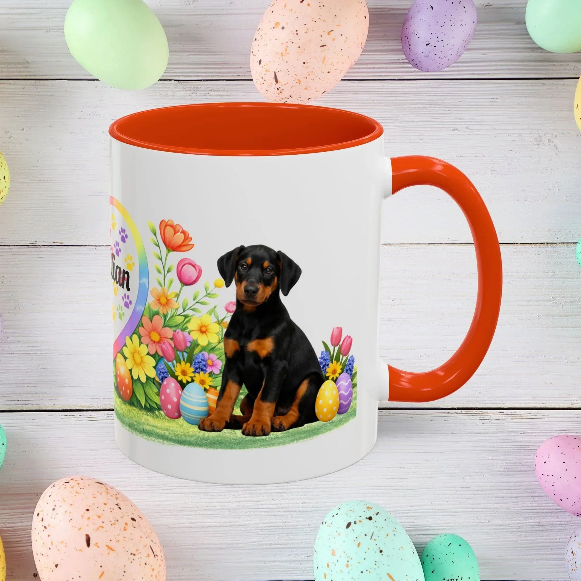 Shop our doberman black rust puppy easter mug featuring the 11oz style option from MySisterIsASurvivor.
