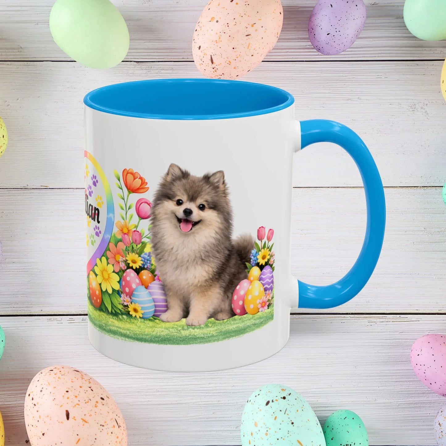 Shop our pomeranian wolf sable puppy easter mug featuring the 11oz style option from MySisterIsASurvivor.