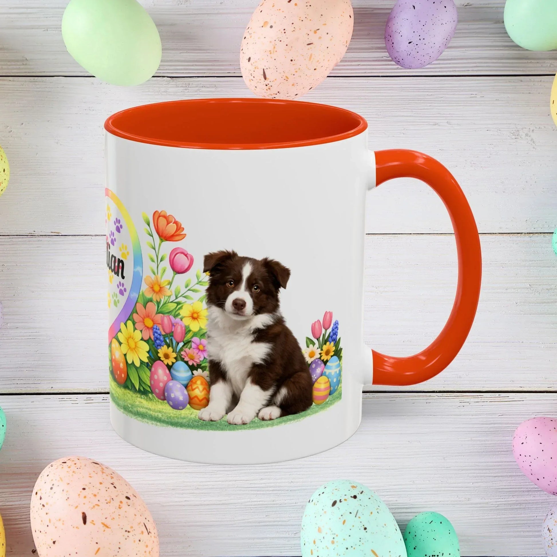 Shop our border collie chocolate white puppy easter mug featuring the 11oz style option from MySisterIsASurvivor.