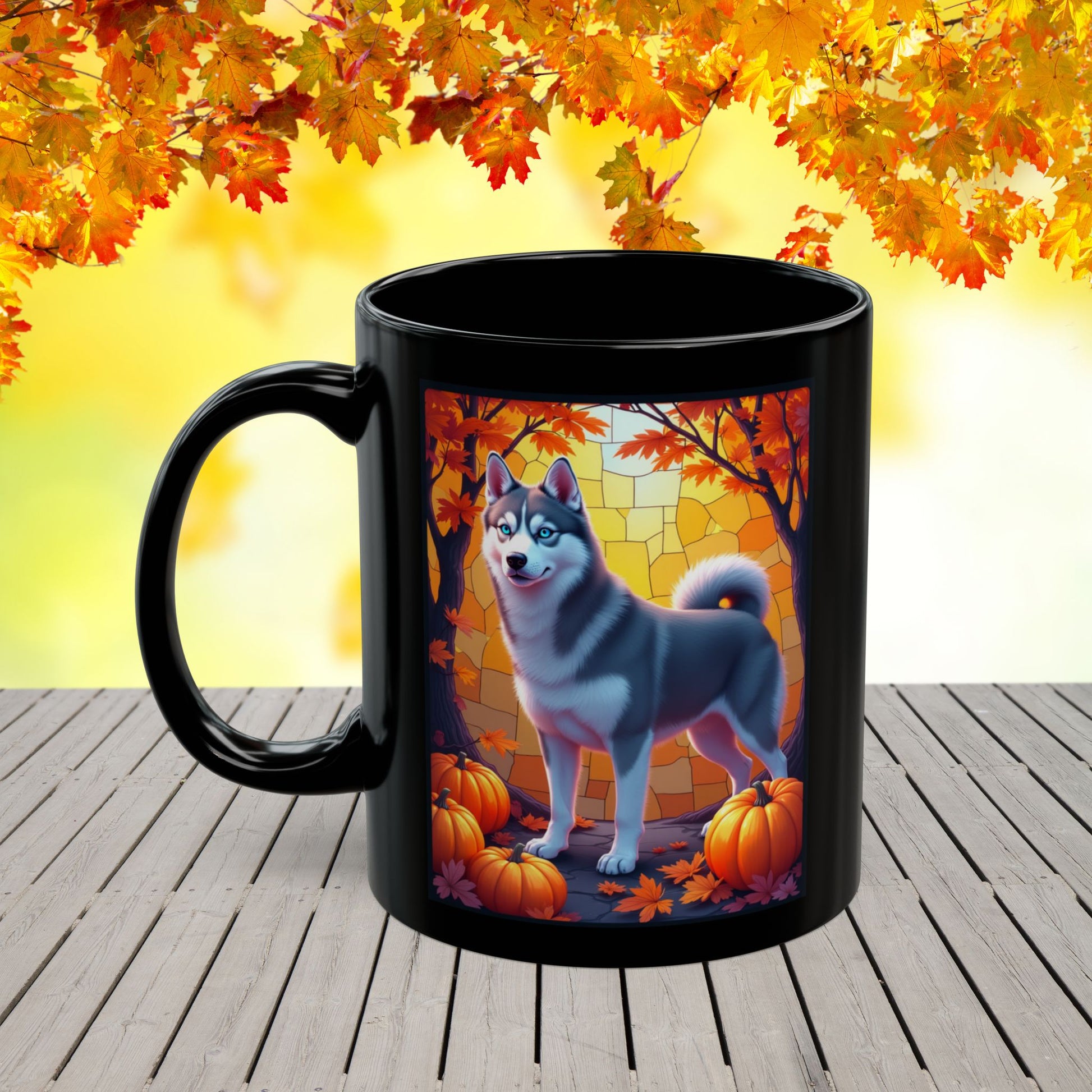 Dark Grey Siberian Husky (Blue Eyes) fall mug, custom dog lover gift for cozy seasonal drinks
