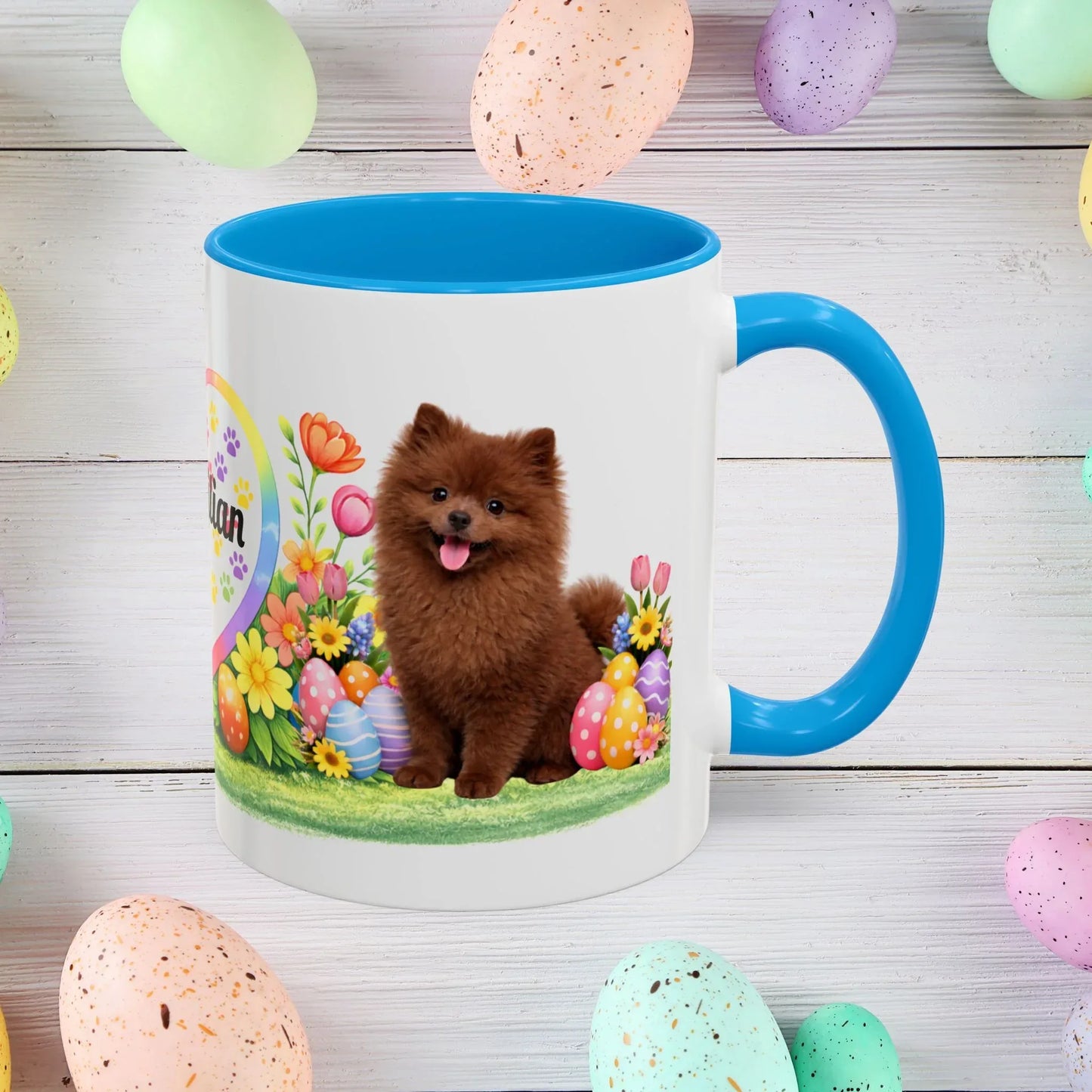Shop our pomeranian chocolate puppy easter mug featuring the 11oz style option from MySisterIsASurvivor.