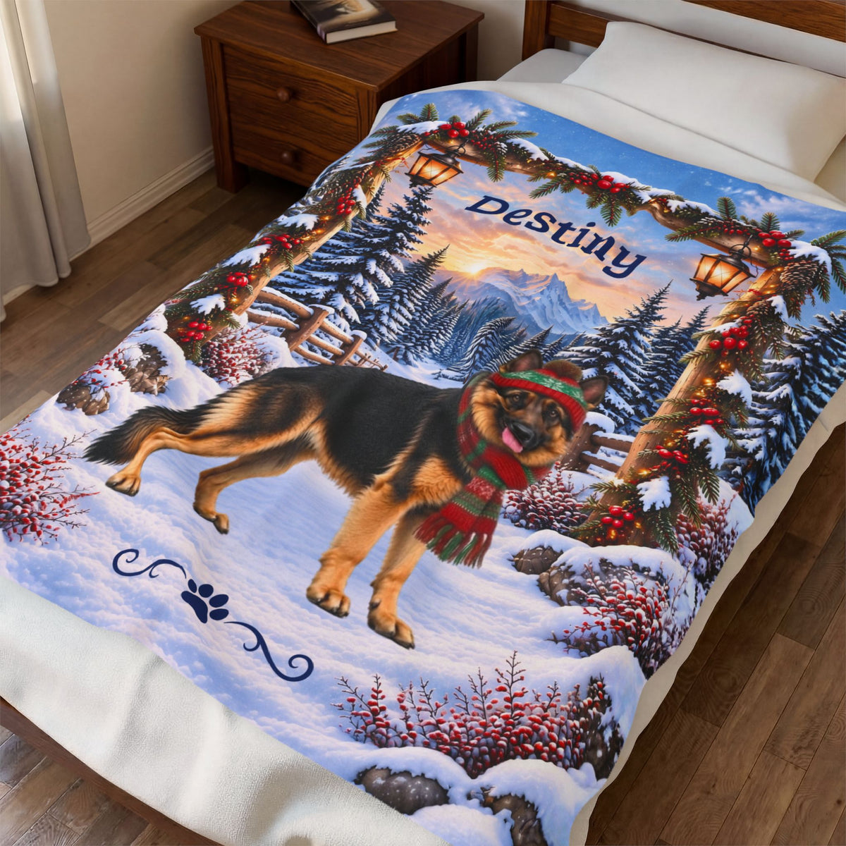 German Shepherd (Blanket Coat) - Personalized Winter Lodge Blanket, Custom Name Velveteen Throw - MySisterIsAsurvor