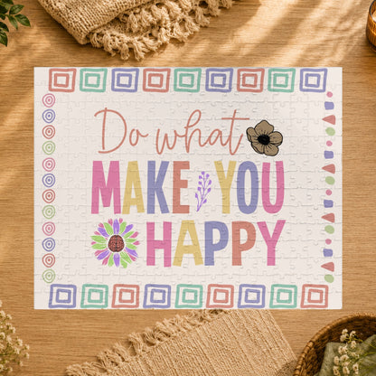 Motivational mat with colorful text and floral designs on a white background