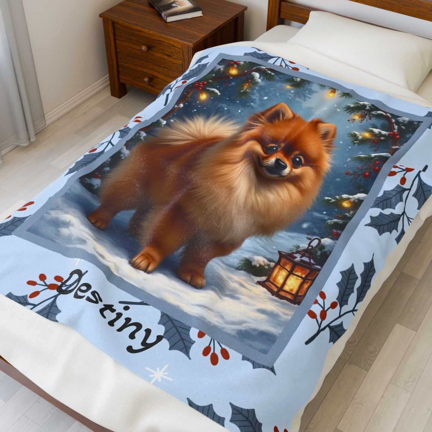 Pomeranian Orange personalized winter throw featuring a cheerful orange Pom in a cozy lodge winter scene