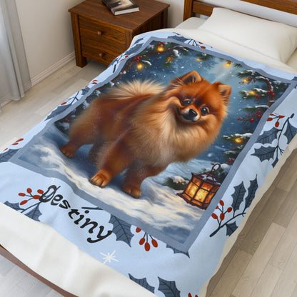 Pomeranian Orange personalized winter throw featuring a cheerful orange Pom in a cozy lodge winter scene