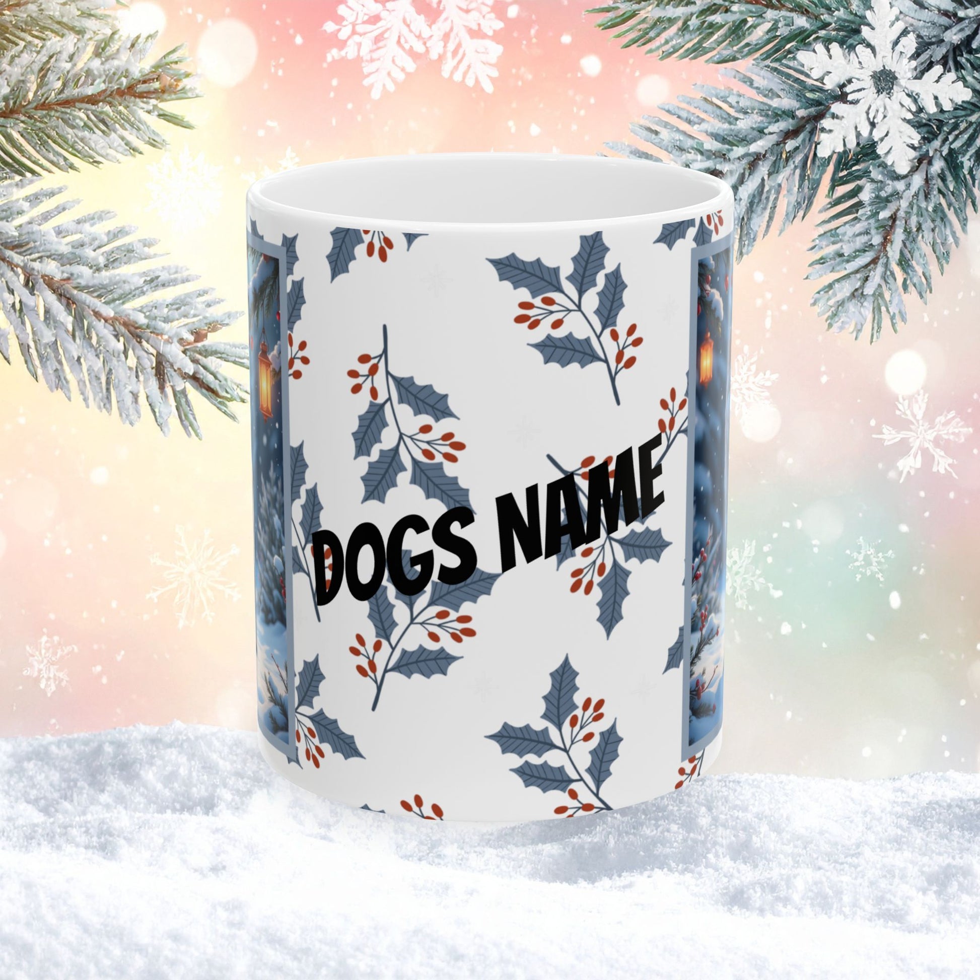 Husky (Silver) Winter Mug - silver husky artwork standing in a bright winter setting with soft snow details