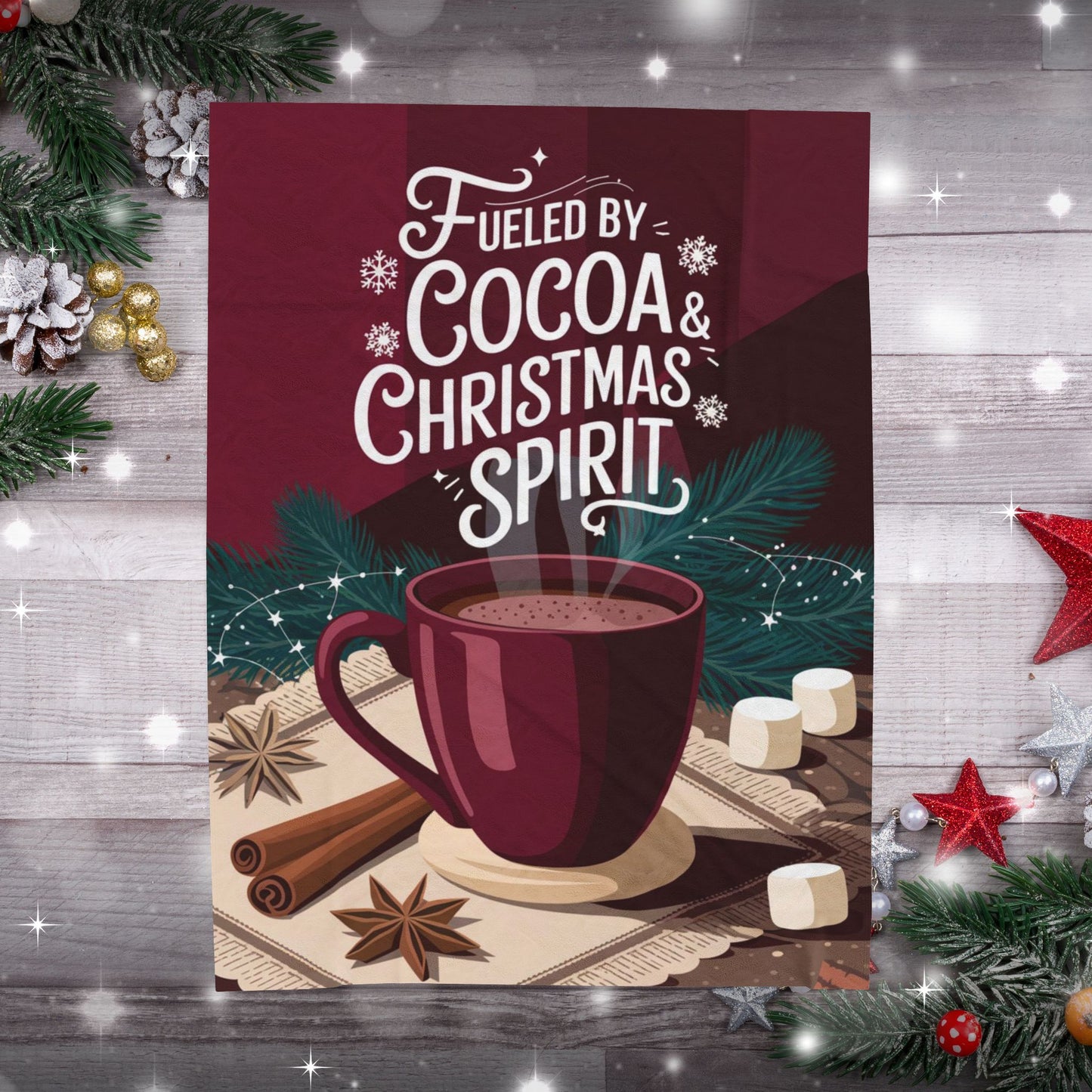 Holiday blanket “Fueled by Cocoa & Christmas Spirit” cozy Christmas throw for warmth and fun