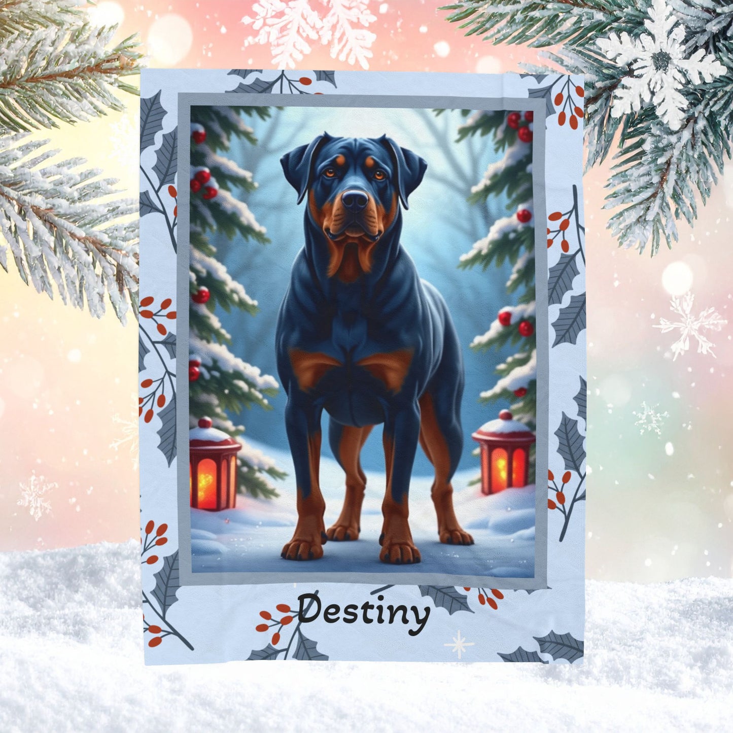 Rottweiler Blue custom winter blanket featuring a strong blue Rottweiler in a cozy lodge-style winter scene