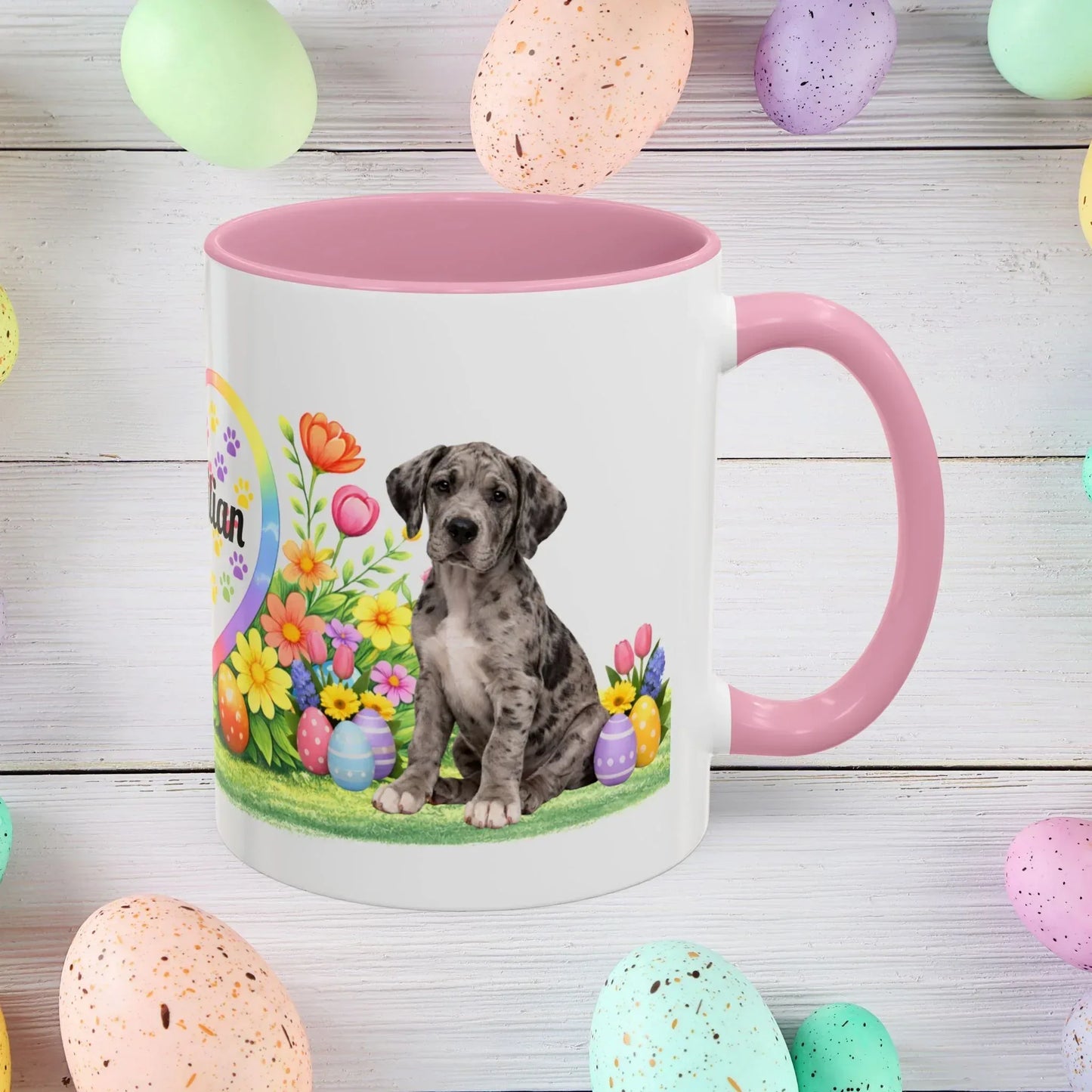 Shop our great dane merle puppy easter mug featuring the 11oz style option from MySisterIsASurvivor.