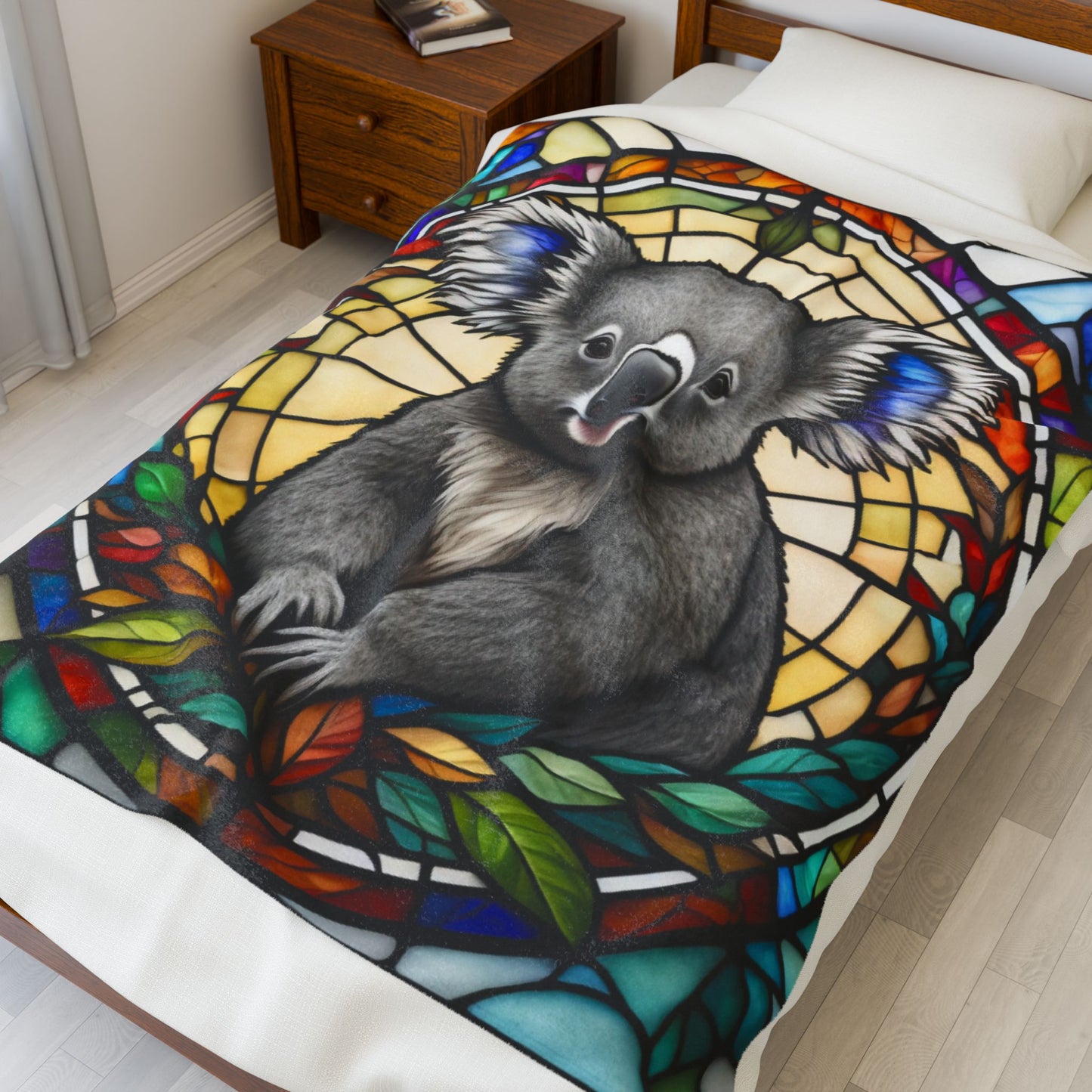 A cute koala blanket with stained glass-style art, perfect for cozy comfort and self-care.