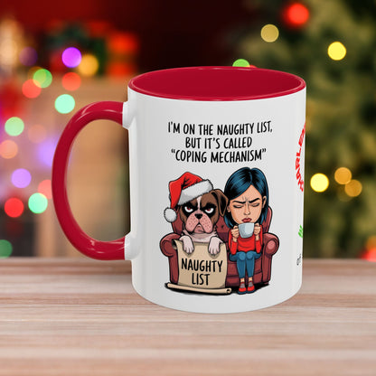 I'm On The Naughty List, But It's Called 'Coping Mechanism' – Christmas Mug with Female and Dog Design and Accent Color