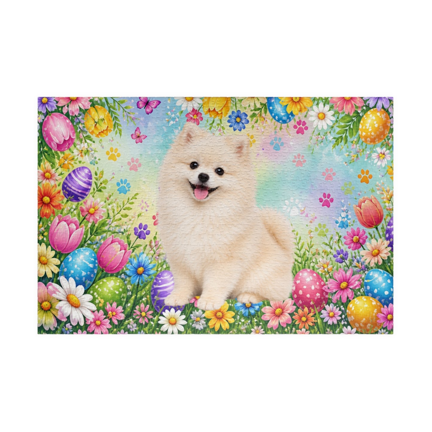 Pomeranian (Cream) Easter Puppy Puzzle - Spring Garden with Eggs, Tulips, and Daisies
