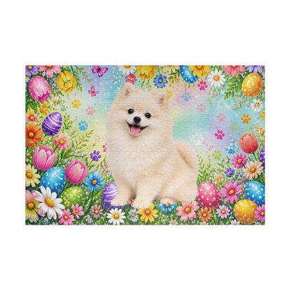 Pomeranian (Cream) Easter Puppy Puzzle - Spring Garden with Eggs, Tulips, and Daisies