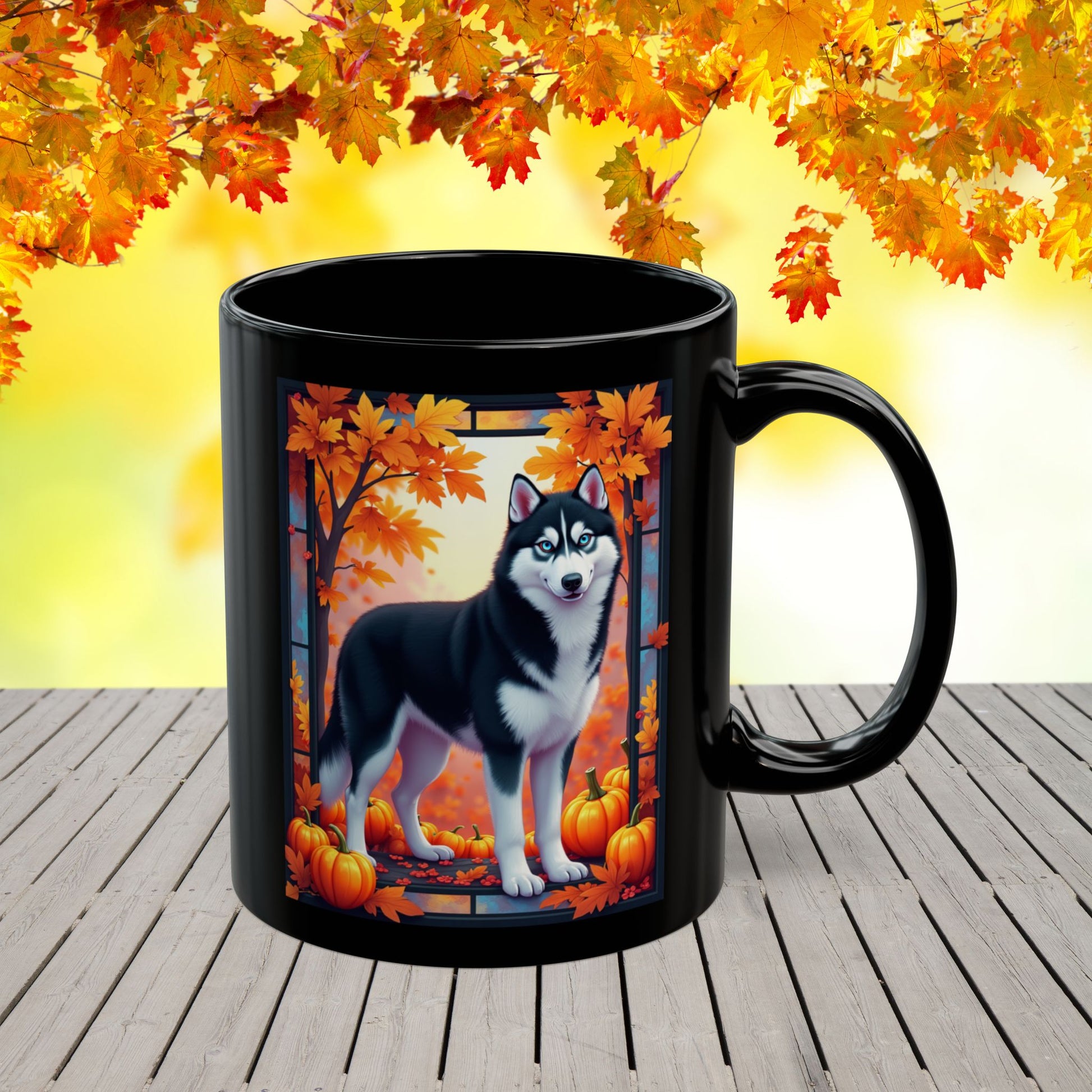 Black & White Husky (Blue Eyes) fall coffee cup, custom gift for Husky parents, dog lovers, or pet enthusiasts