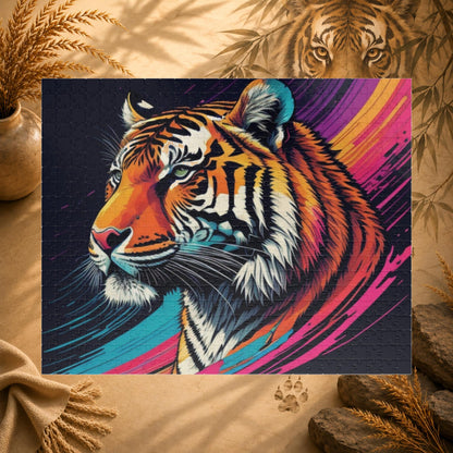 Stripes of Strength - Tiger Puzzle with Bold Rainbow Brushstrokes on Dark Background