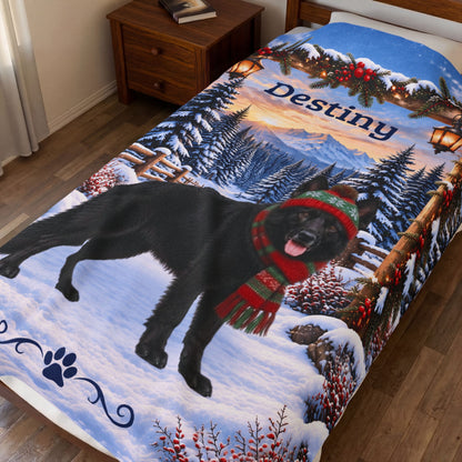 German Shepherd (Black Coat) - Personalized Winter Woodland Blanket, Custom Name Velveteen Throw - MySisterIsAsurvor