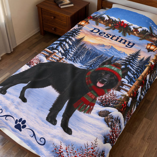 German Shepherd (Black Coat) - Personalized Winter Woodland Blanket, Custom Name Velveteen Throw - MySisterIsAsurvor