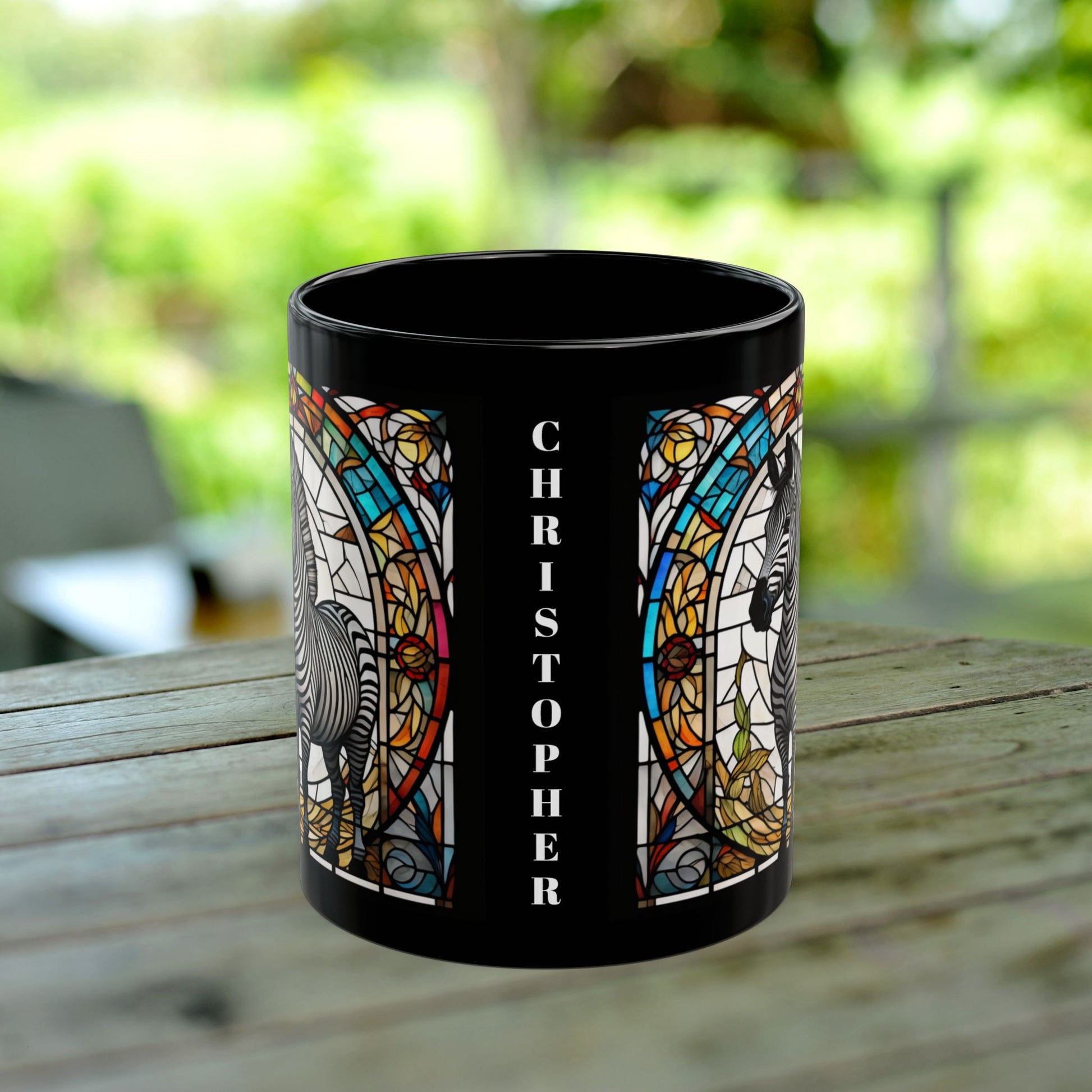 Zebra personalized mug with stained glass zoo animal design, black ceramic wildlife coffee cup.