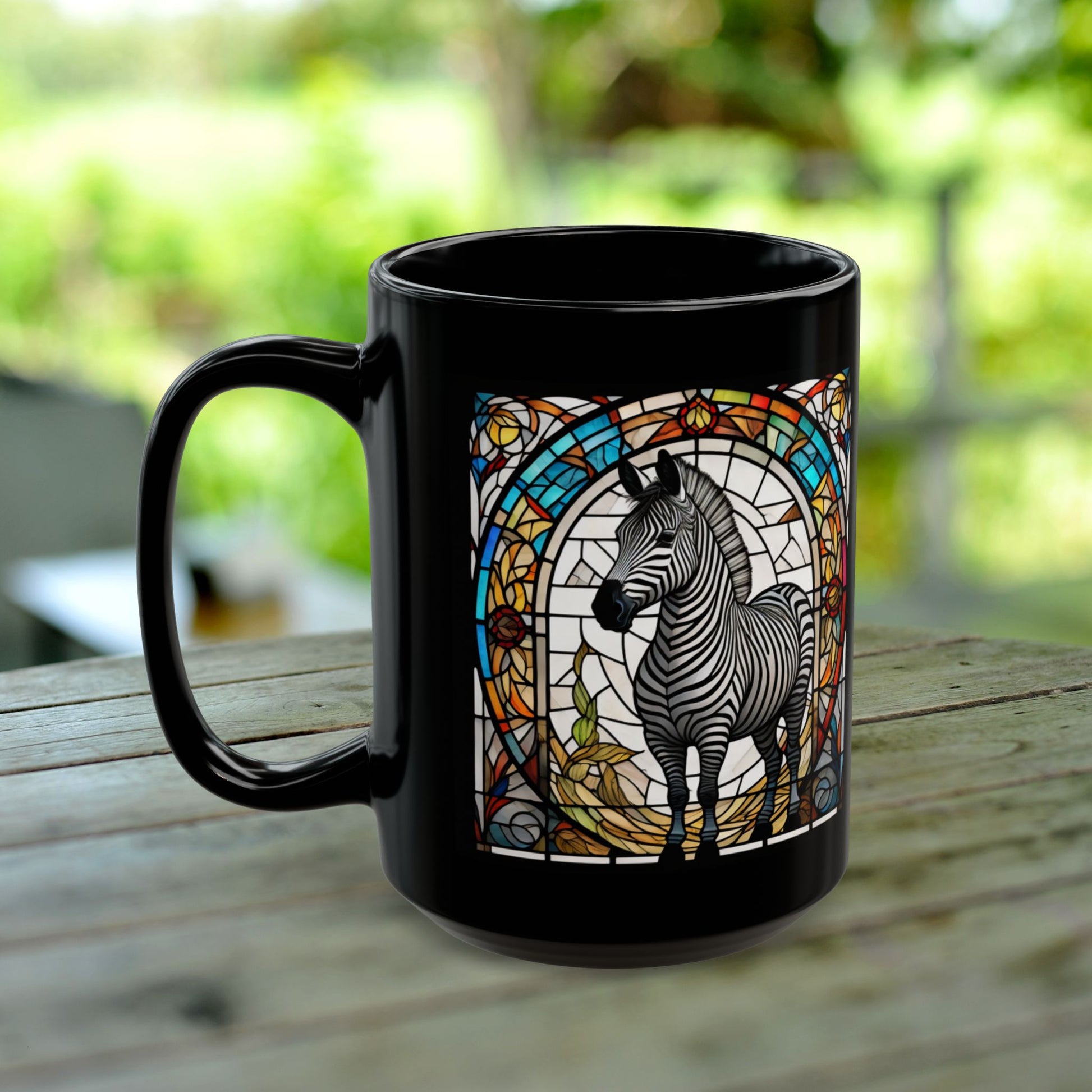 Zebra personalized mug with stained glass zoo animal design, black ceramic wildlife coffee cup.